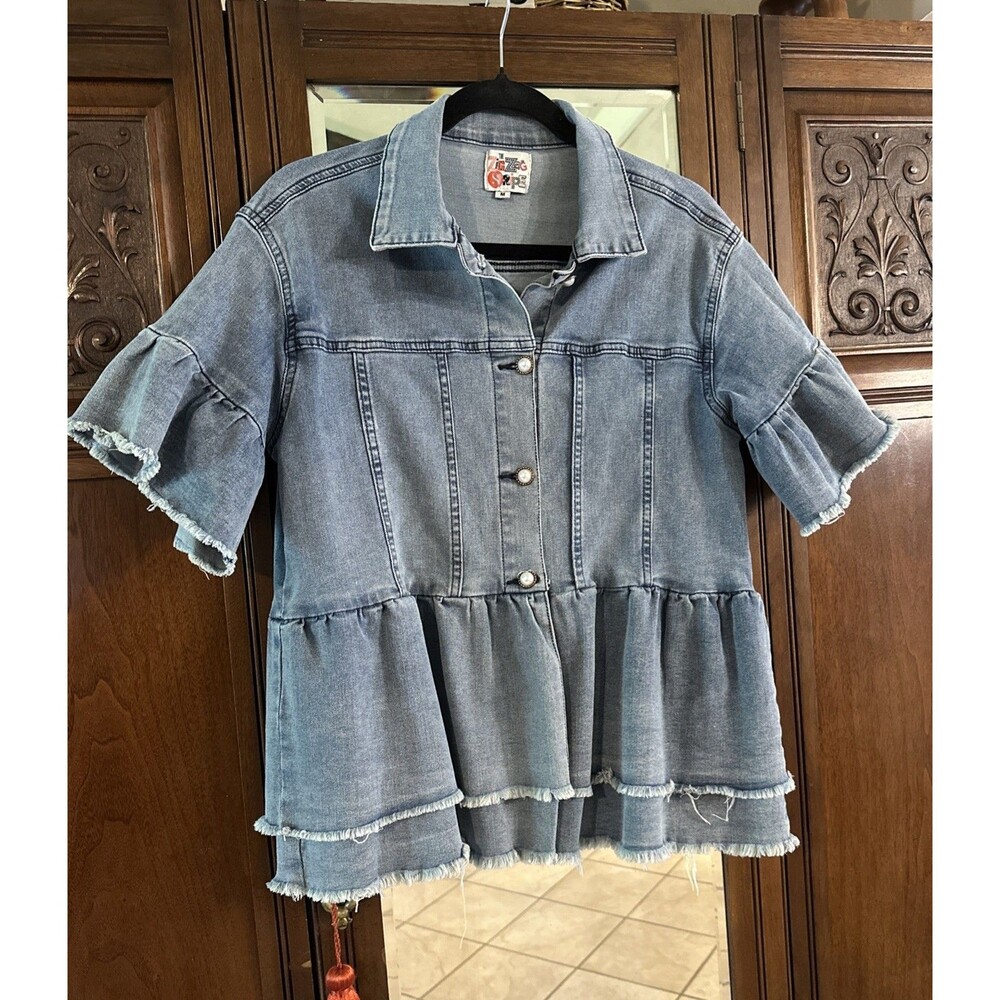 Zig Zag Stripe Short Sleeve Stretch Denim Jacket Frayed Tiered Hem Size M